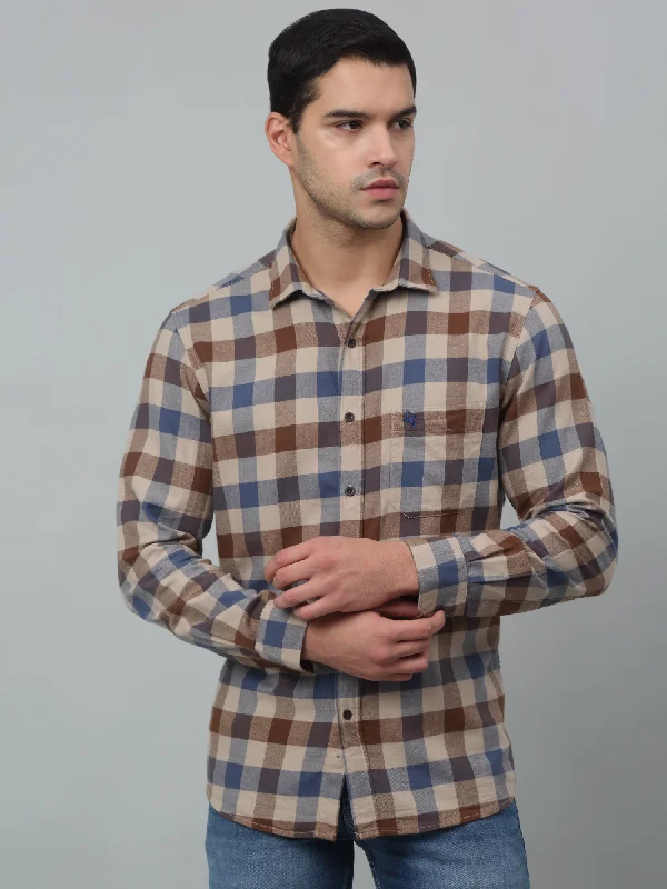 Cantabil Cotton Beige Checkered Full Sleeve Regular Fit Casual Shirt for Men with Pocket