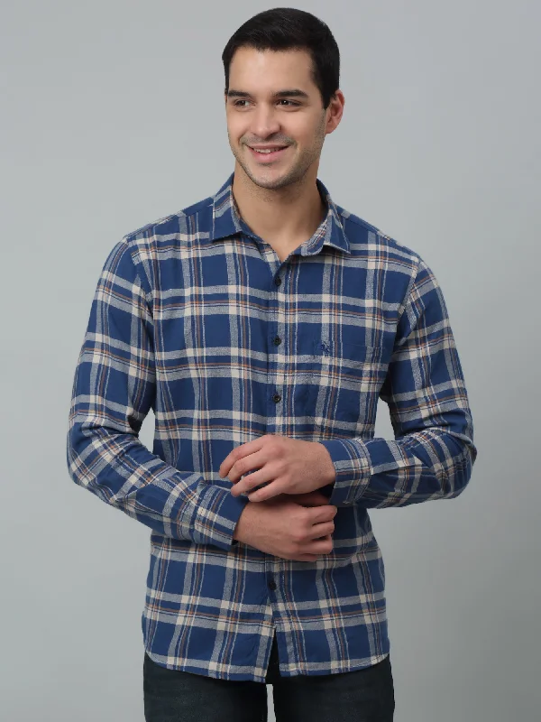 Cantabil Cotton Blue Checkered Full Sleeve Regular Fit Casual Shirt for Men with Pocket