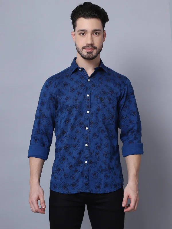 Cantabil Cotton Printed Blue Full Sleeve Regular Fit Casual Shirt for Men with Pocket