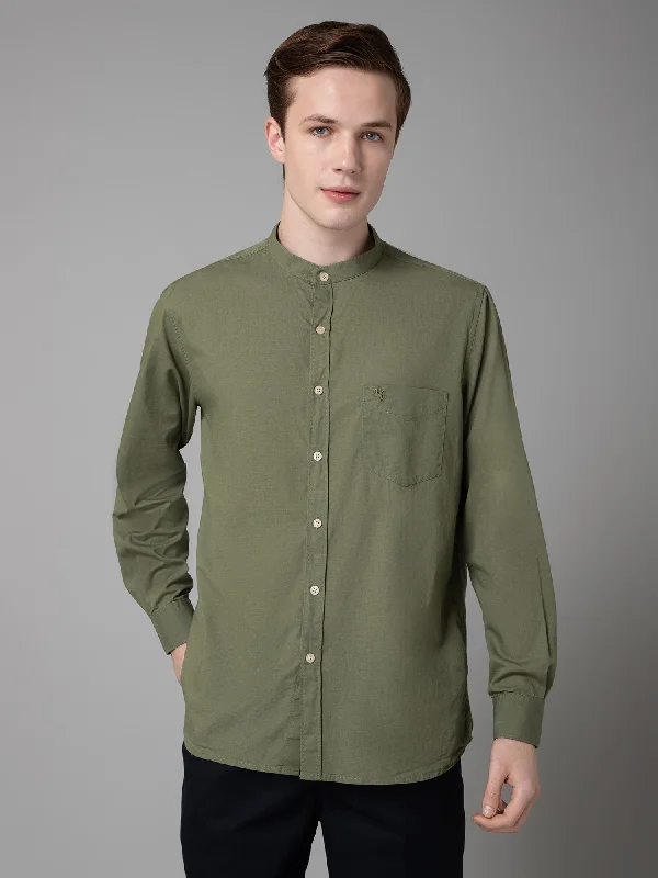 Cantabil Cotton Solid Olive Green Full Sleeve Regular Fit Casual Shirt for Men with Pocket