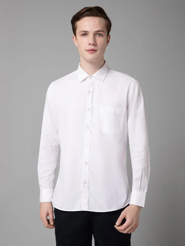 Cantabil Cotton White Solid Full Sleeve Regular Fit Casual Shirt for Men with Pocket