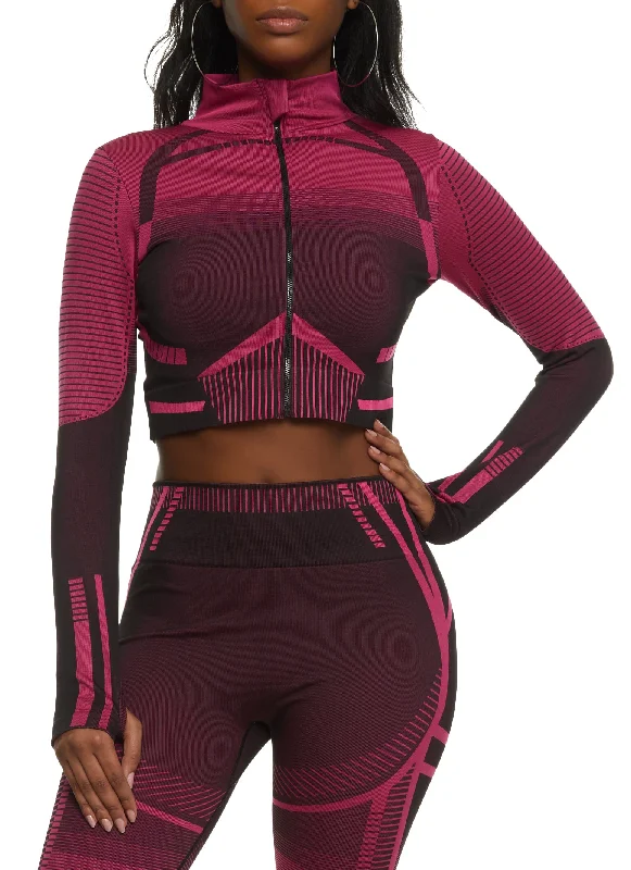 Seamless Geometric Zip Front Cropped Track Jacket