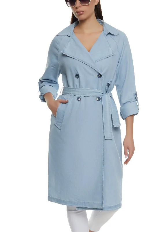 Denim Tie Waist Belted Trench Coat