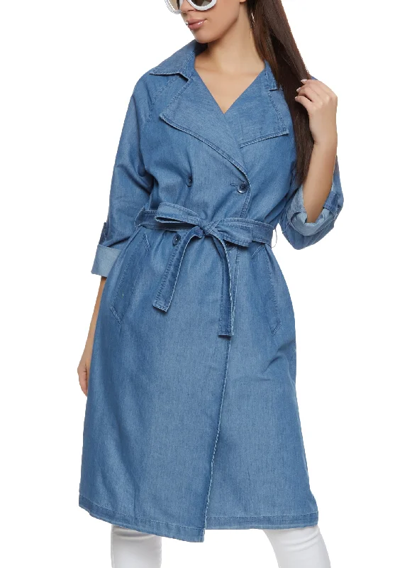 Denim Tie Waist Belted Trench Coat