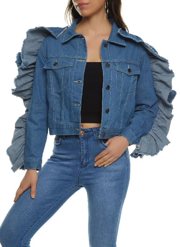 Medium Wash Ruffle Sleeve Denim Jacket